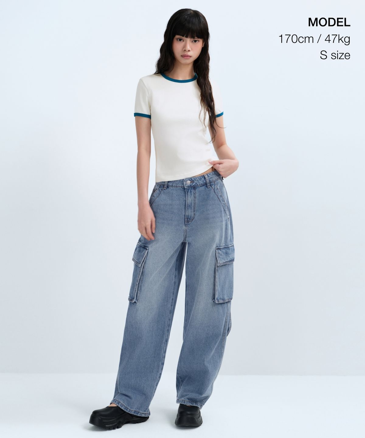 무신사 스탠다드 우먼(MUSINSA STANDARD WOMAN) 우먼즈 슬림 크루 넥 링거 티셔츠 [크림/블루]