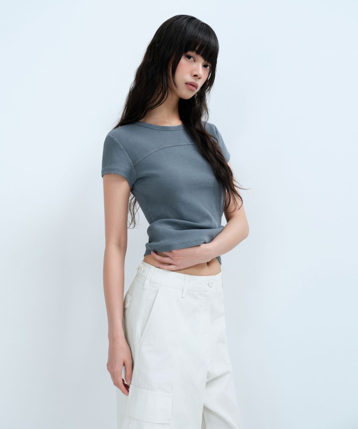 무신사 스탠다드 우먼(MUSINSA STANDARD WOMAN) 우먼즈 리브드 피그먼트 슬림 티셔츠 [피콕 블루]