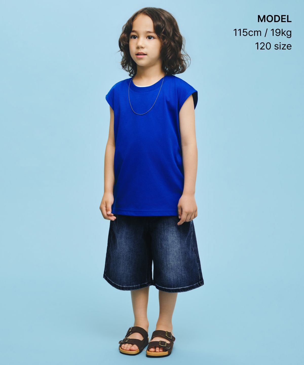 무신사 스탠다드 키즈(MUSINSA STANDARD KIDS) [쿨탠다드] 오버사이즈 크루 넥 슬리브리스 탑 [블루]