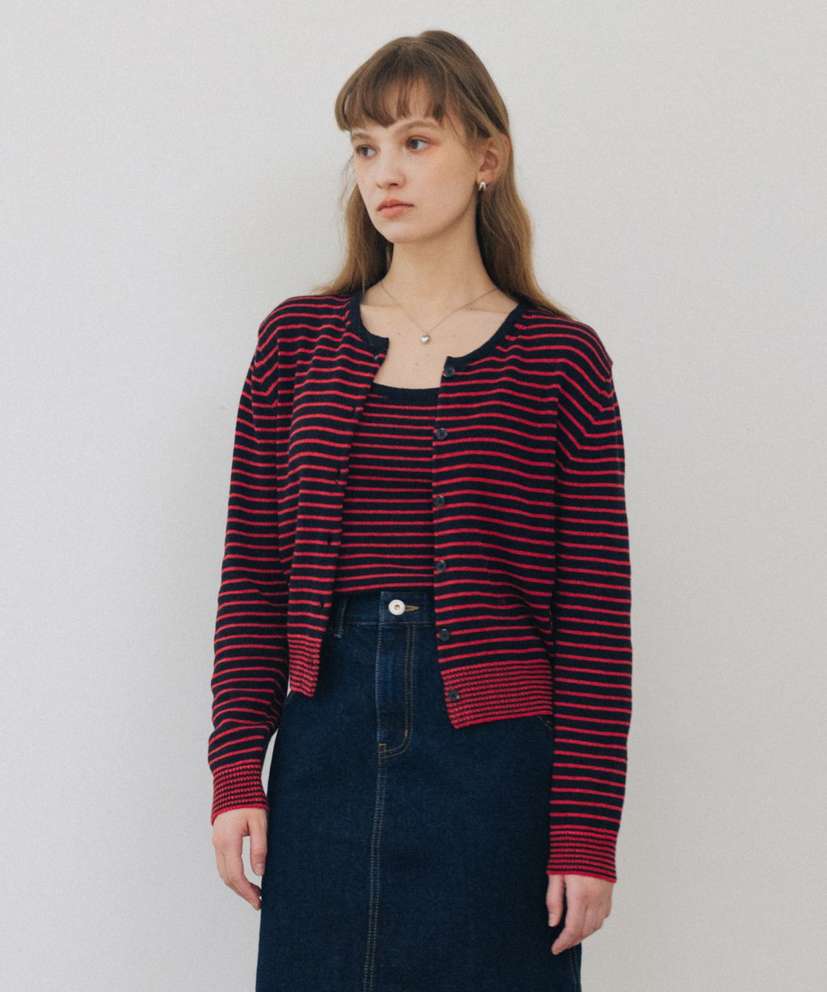 튜드먼트(TTUDEMENT) STRIPE CREWNECK CARDIGAN NAVY