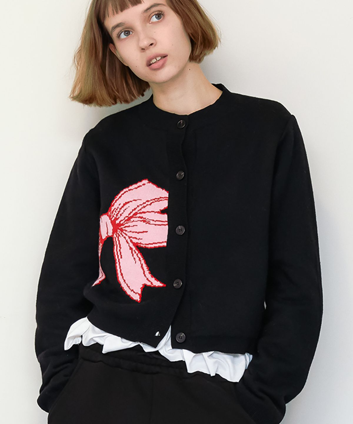 론론(RONRON) BIG RIBBON KNIT CARDIGAN BLACK