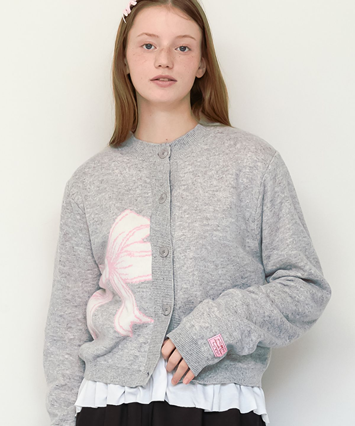 론론(RONRON) BIG RIBBON KNIT CARDIGAN LIGHT GREY