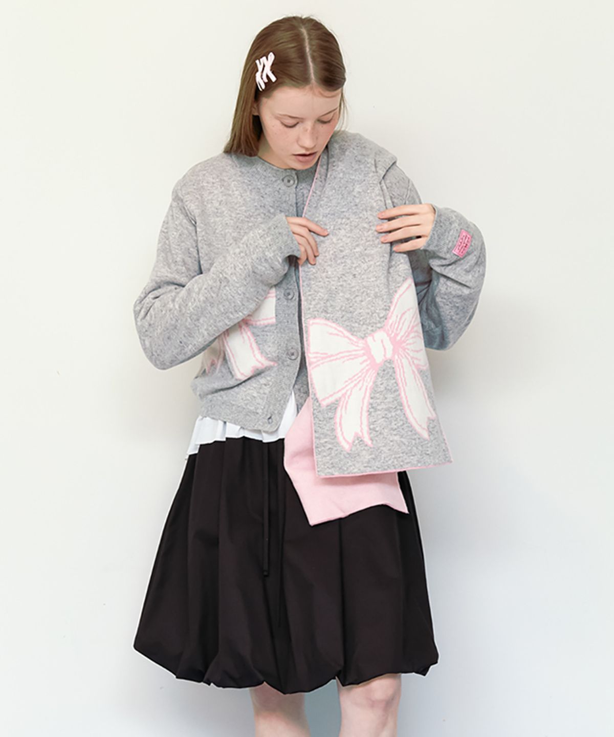 론론(RONRON) BIG RIBBON KNIT CARDIGAN LIGHT GREY