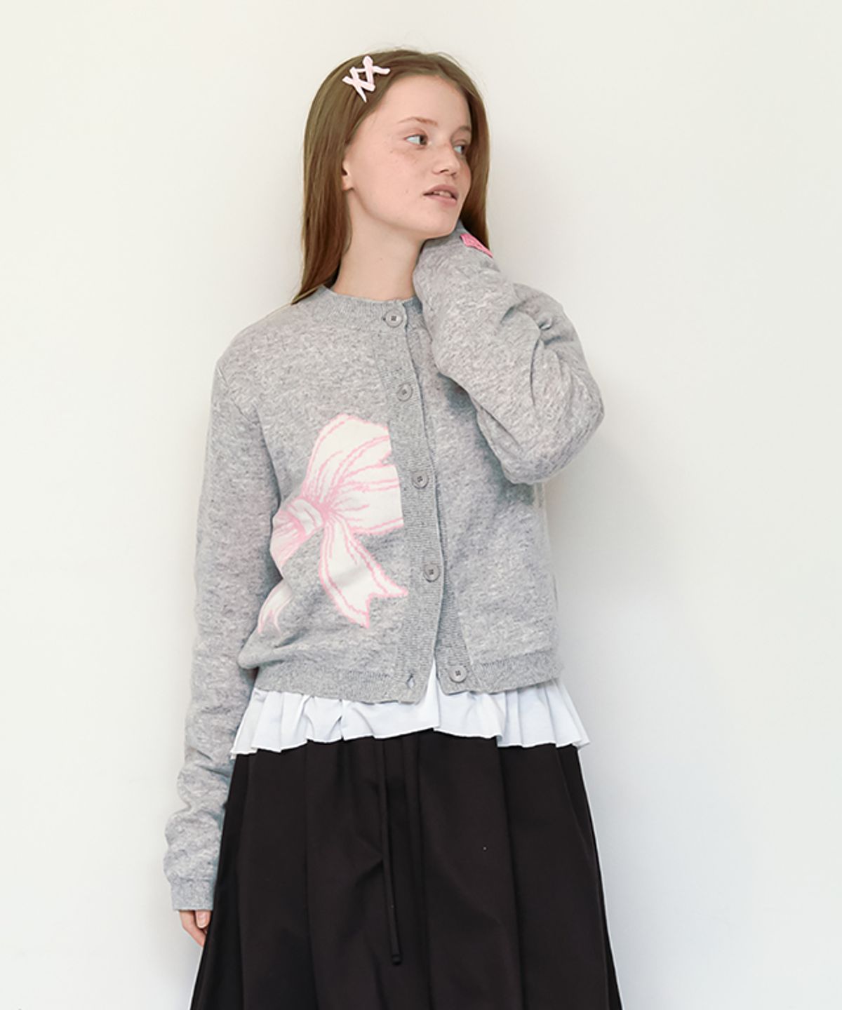 론론(RONRON) BIG RIBBON KNIT CARDIGAN LIGHT GREY