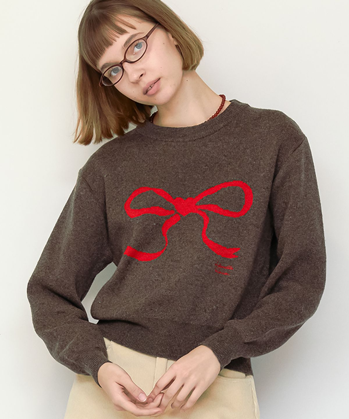 론론(RONRON) HEART RIBBON JACQUARD KNIT BROWN