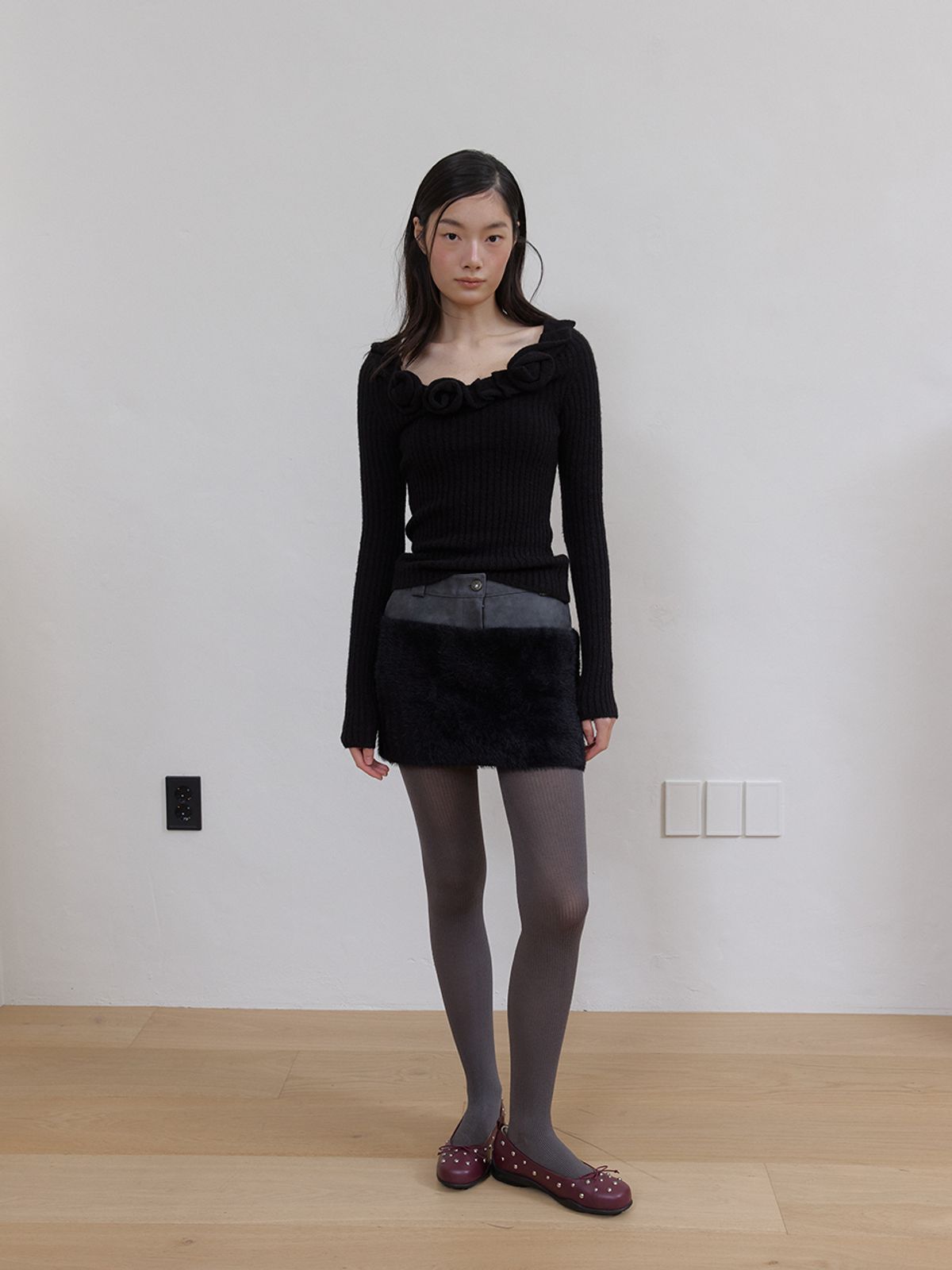 아수라(ASURA) 레더 퍼 믹스 스커트 (BLACK)