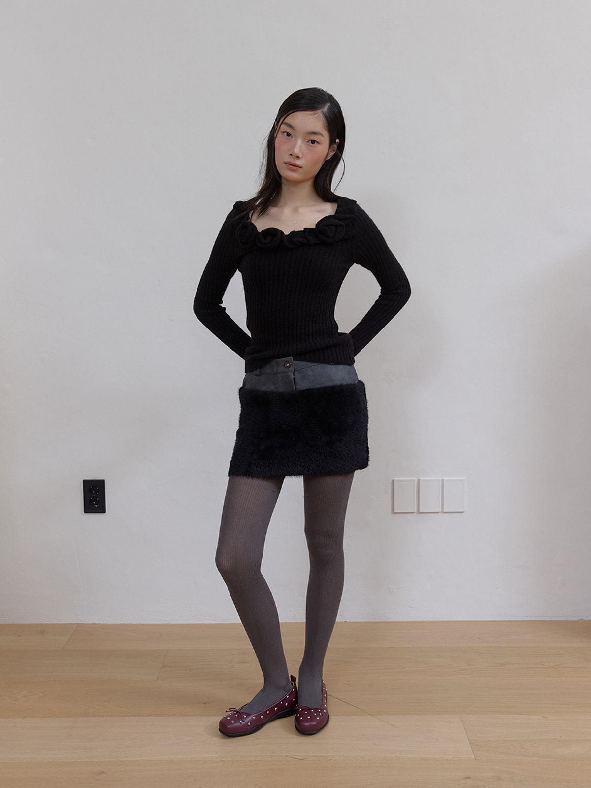 아수라(ASURA) 레더 퍼 믹스 스커트 (BLACK)