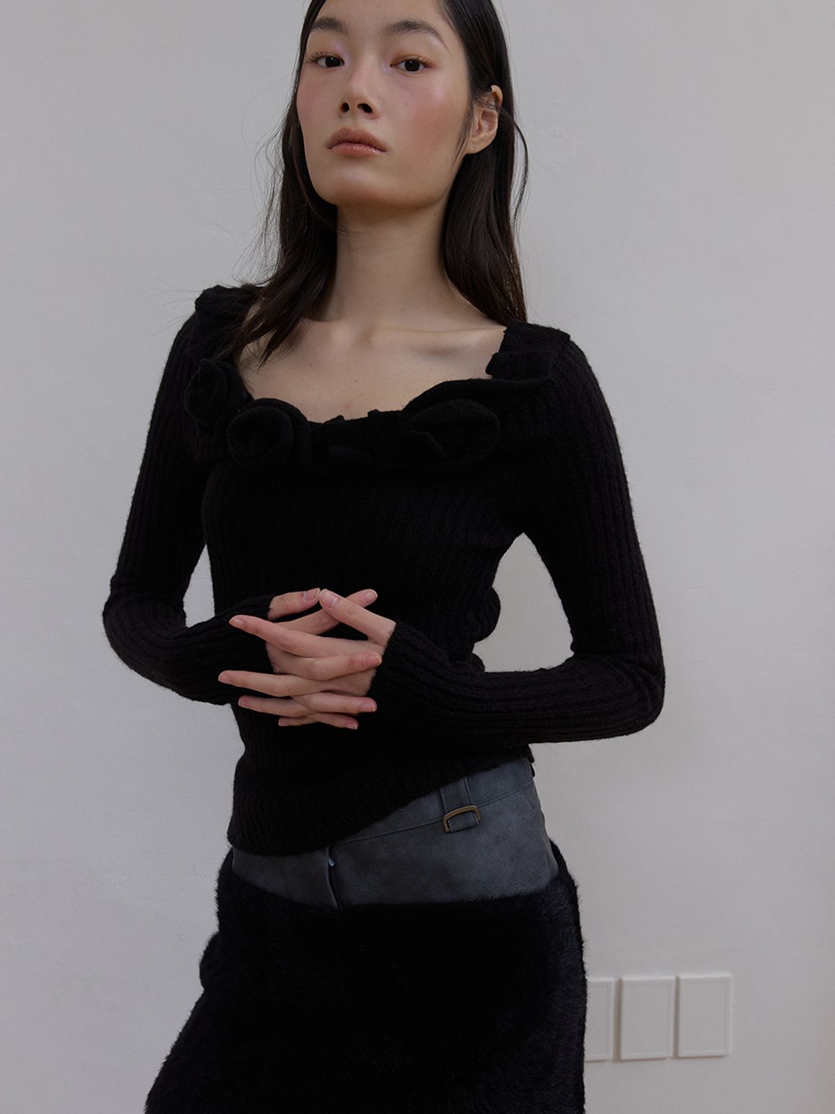 아수라(ASURA) 레더 퍼 믹스 스커트 (BLACK)