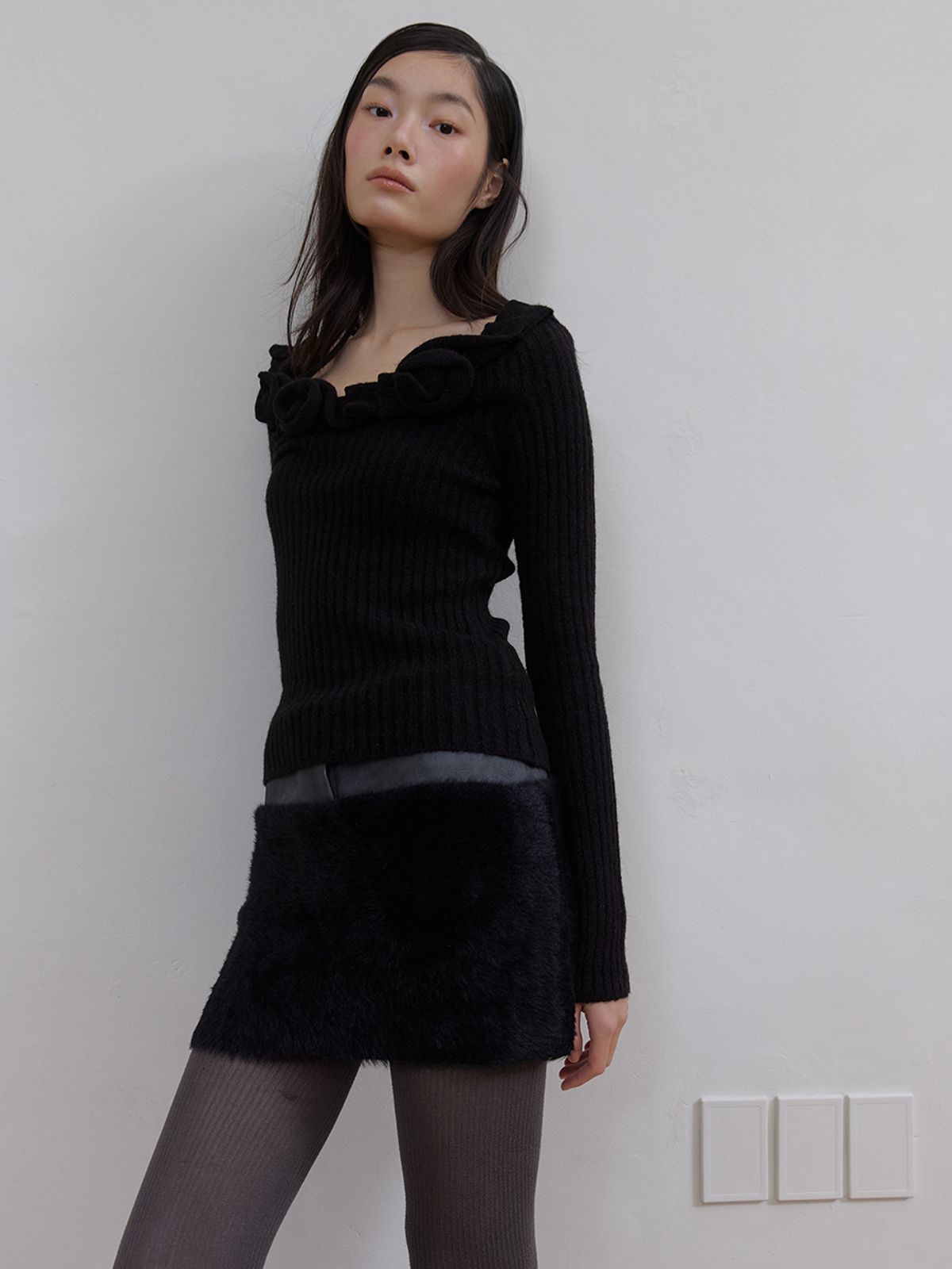 아수라(ASURA) 레더 퍼 믹스 스커트 (BLACK)