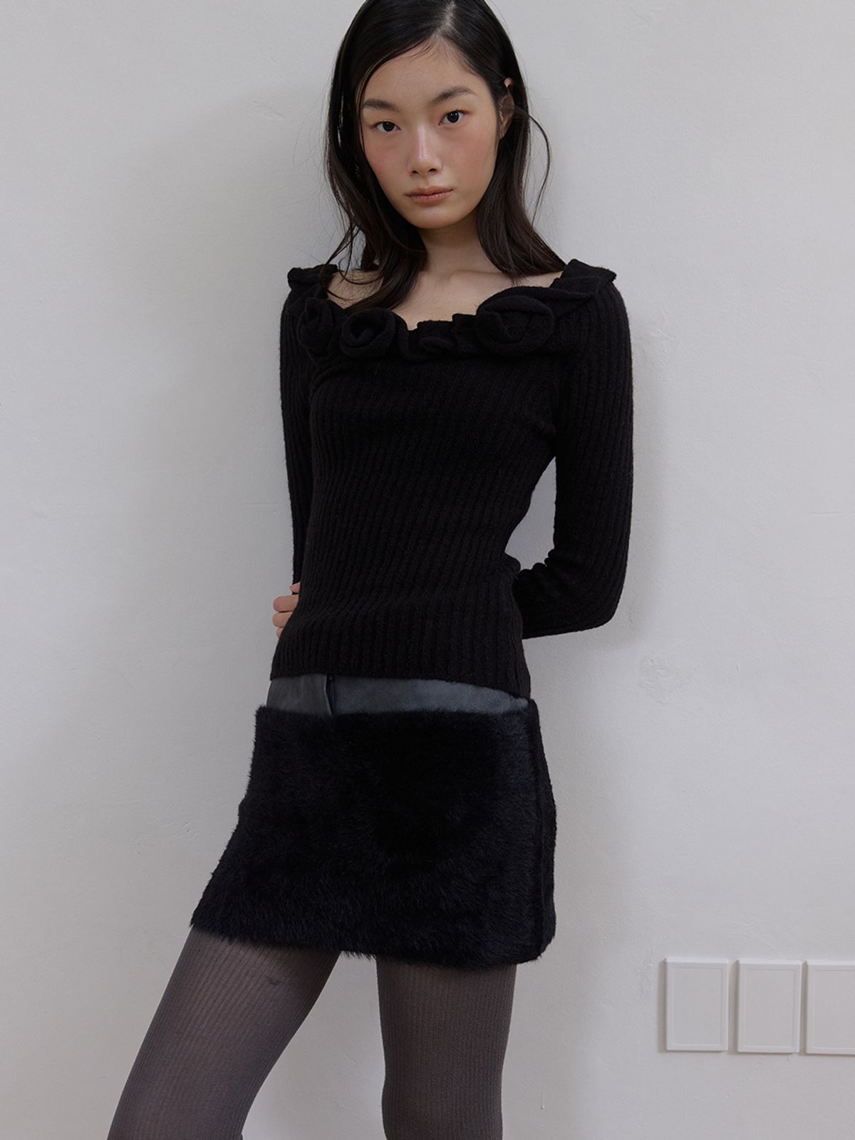 아수라(ASURA) 레더 퍼 믹스 스커트 (BLACK)