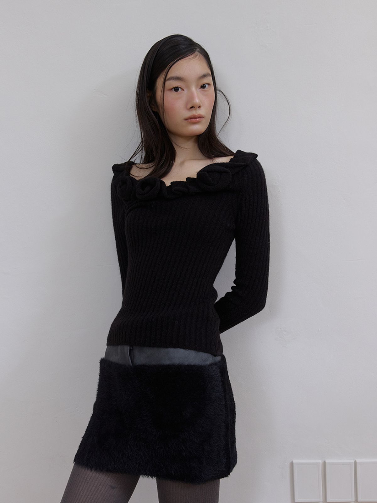 아수라(ASURA) 레더 퍼 믹스 스커트 (BLACK)