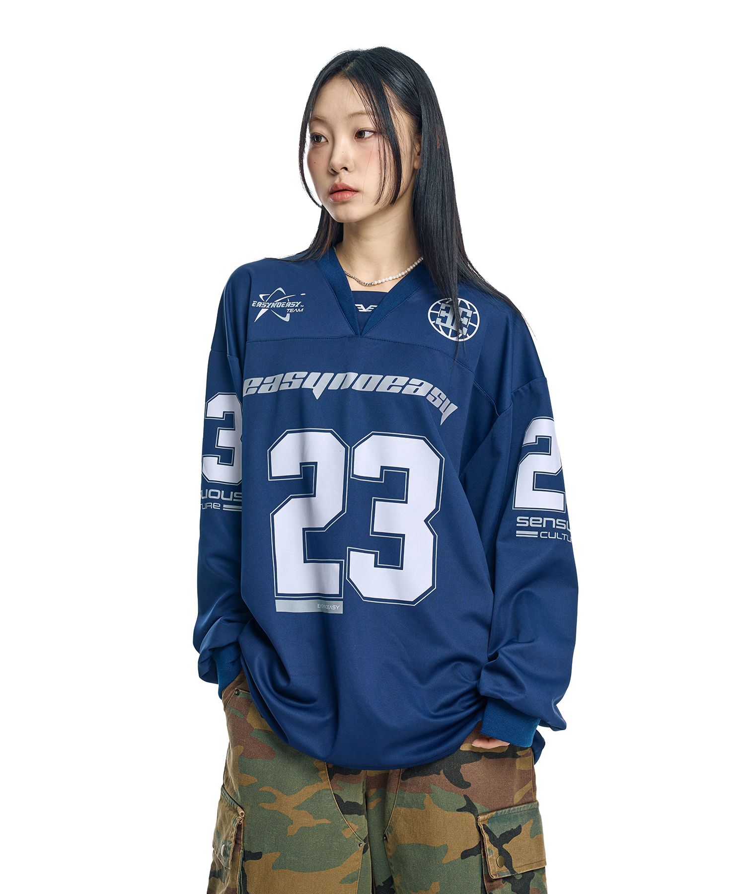 MUSINSA公式 | EASY NO EASY Long Sleeve Football Jersey - Navy