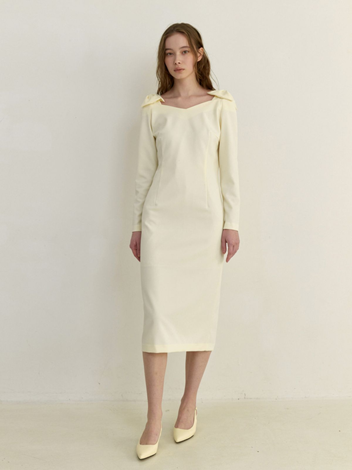 카인더베이비(KINDABABY) semi off shoulder ribbon dress - ivory
