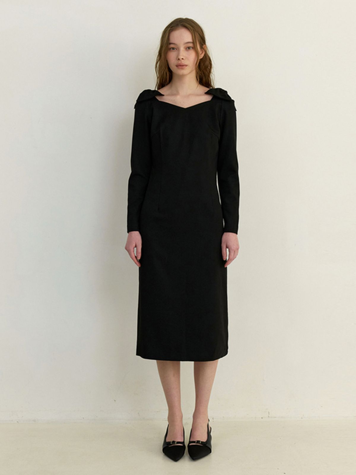 카인더베이비(KINDABABY) semi off shoulder ribbon dress - black
