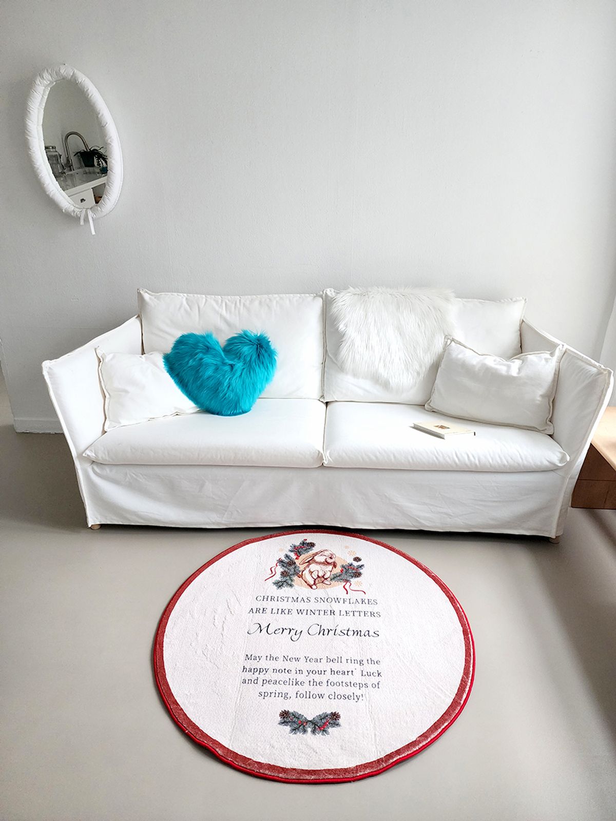 블랑쉬하우스(BLANCHE HOUSE) 토끼와 메리크리스마스 리스 아트 원형 러그 100x100
