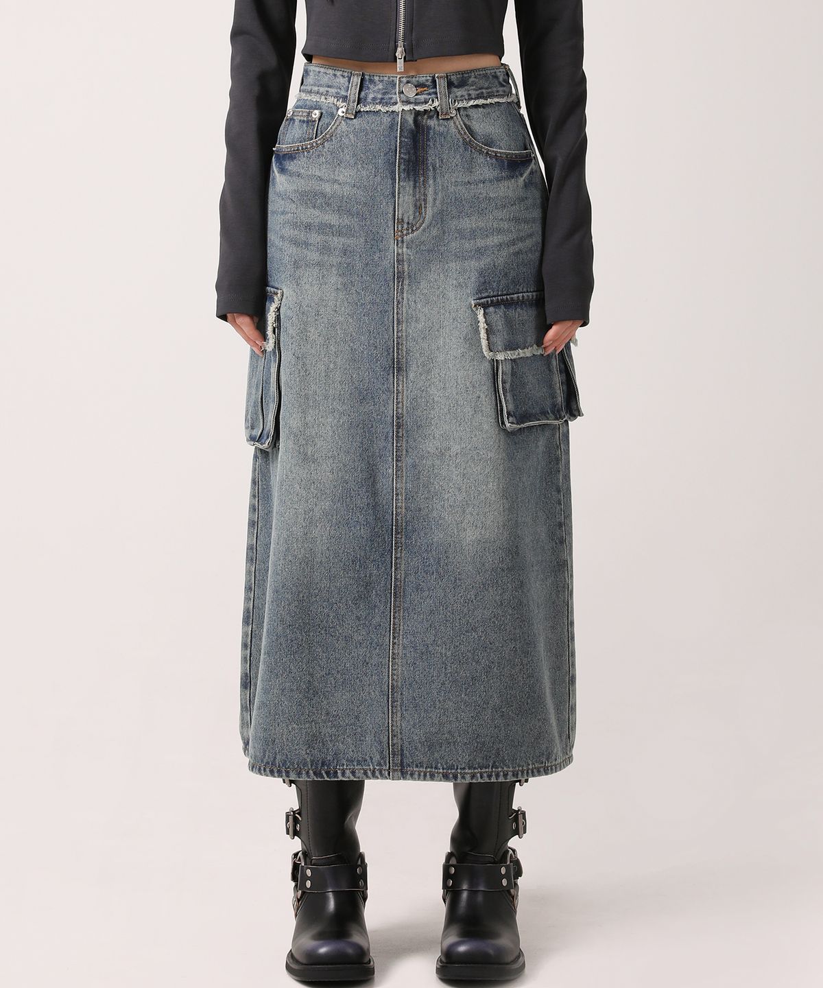 어반드레스(AVANDRESS) Harper Tassel Pocket Denim Long Skirt YELLOW BLUE