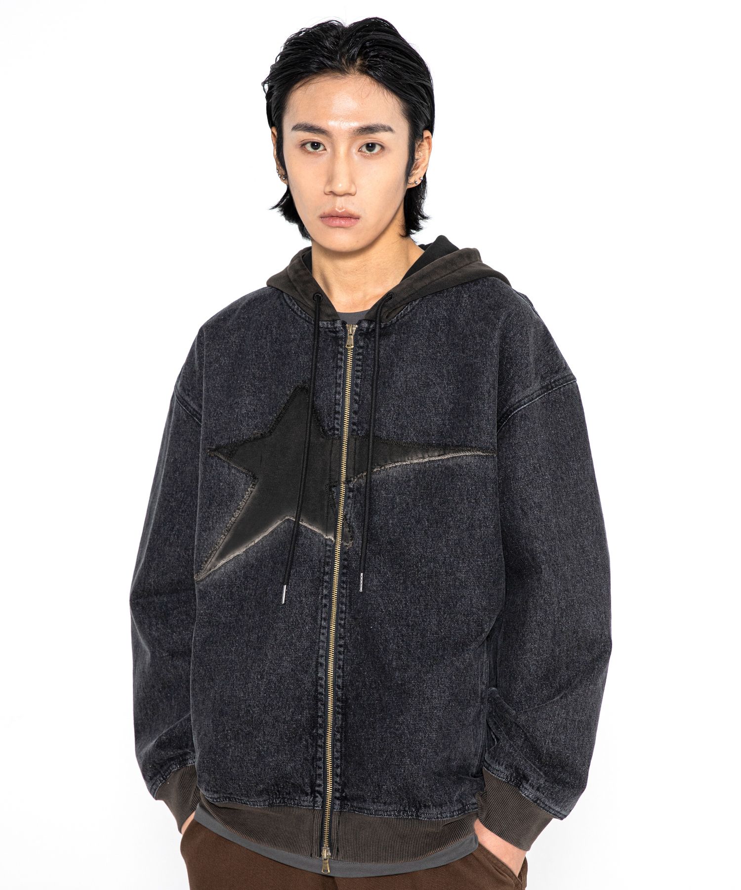 MUSINSA | XTONZ XTT061 Vintage Washing Star Denim Hooded Zip