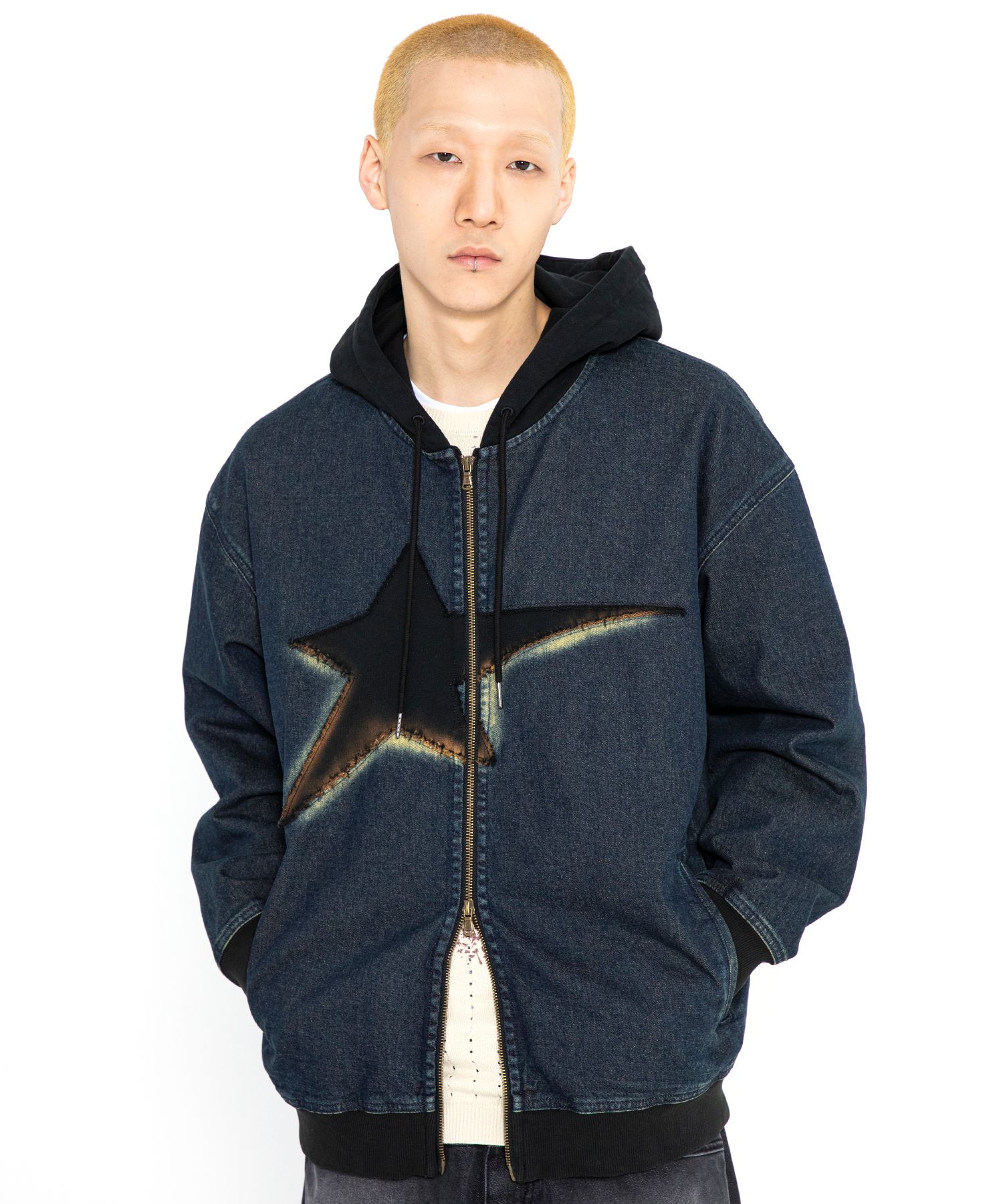 ★関税込★XTONZ★Vintage Washing Star Demin Hooded Zip-Up★ MUSINSA | XTONZ XTT061 Vintage Washing Star Denim Hooded Zip