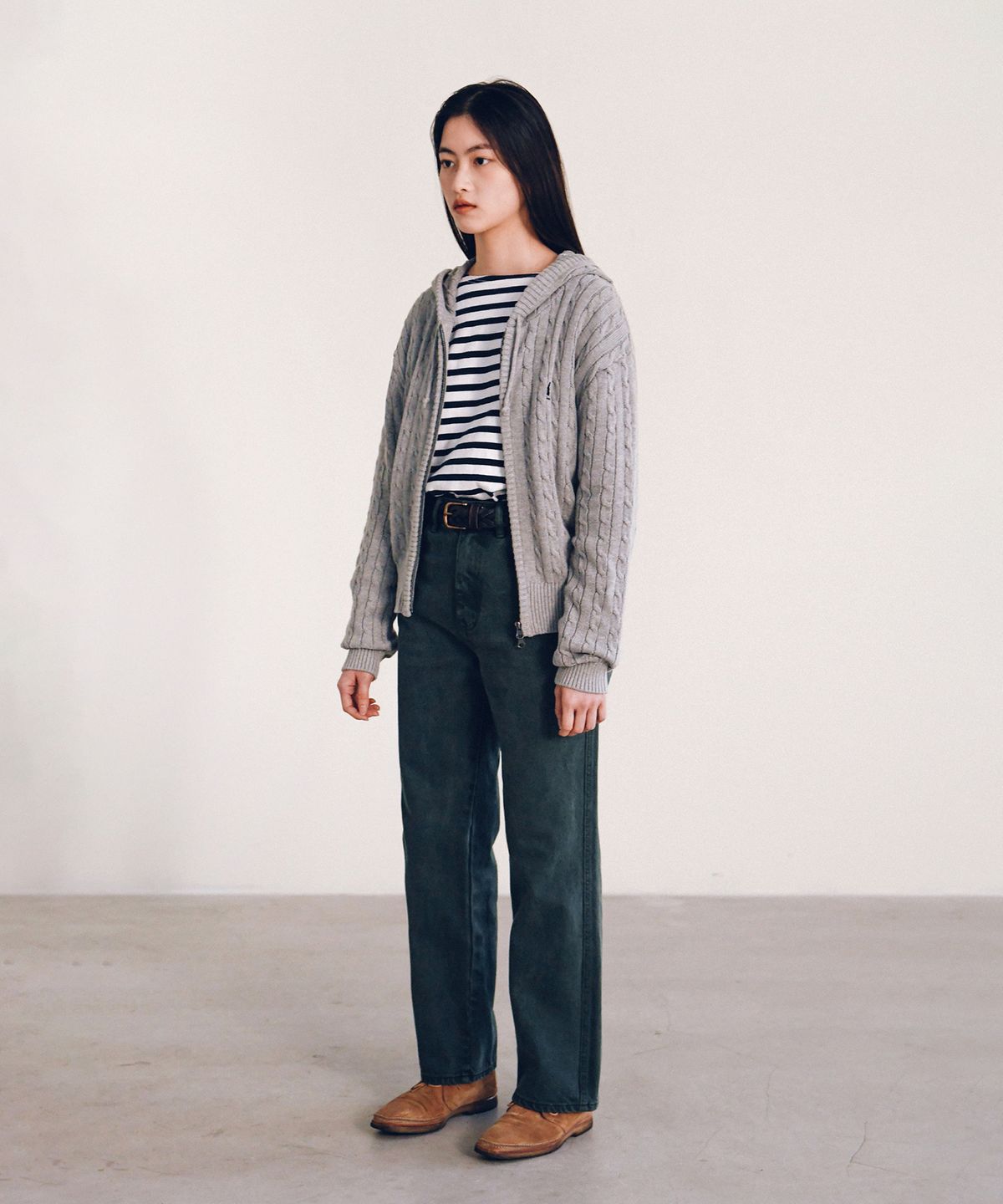 예일(YALE) 우먼즈 케이블 니트 후드 집업_블랙