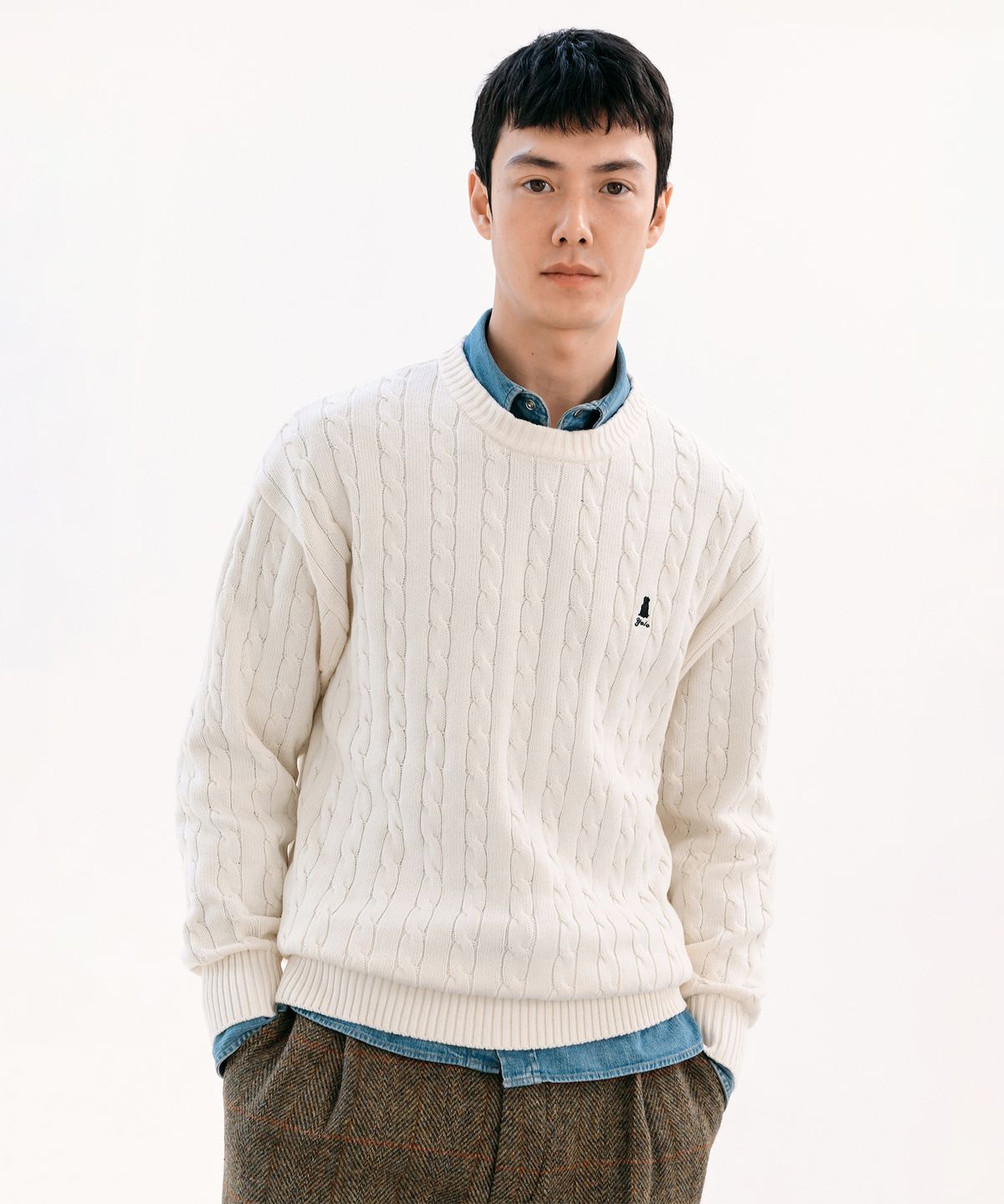 예일(YALE) 케이블 라운드 니트_라이트 옐로우