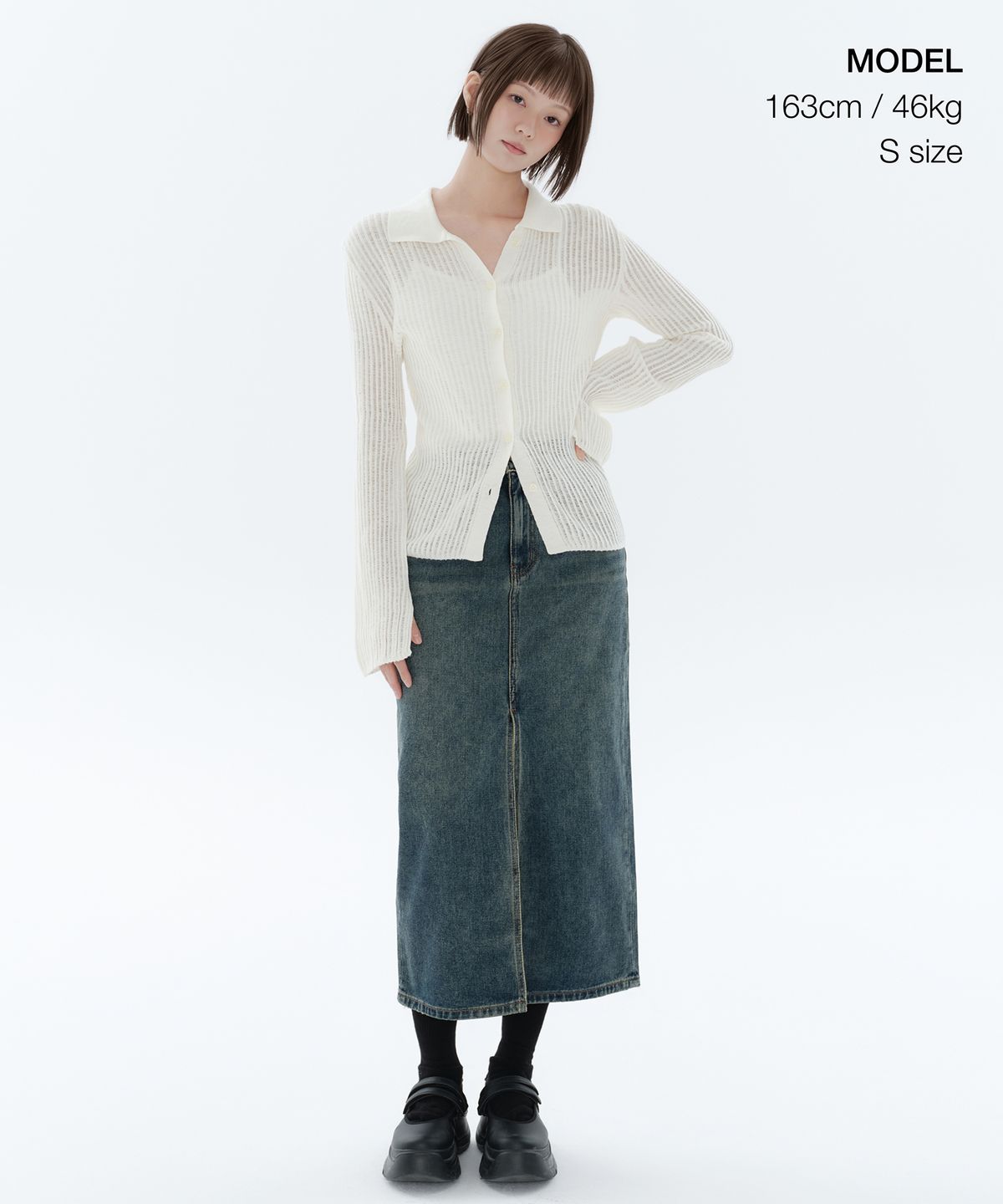 무신사 스탠다드 우먼(MUSINSA STANDARD WOMAN) 우먼즈 버티컬 크로셰 슬림 칼라드 가디건 [아이보리]