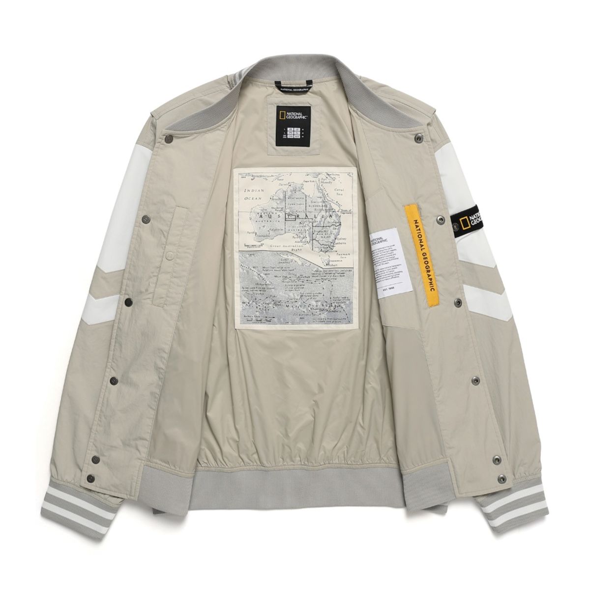 내셔널지오그래픽(NATIONALGEOGRAPHIC) N241MJP902 컬러 배색 바시티 자켓 OAK BEIGE