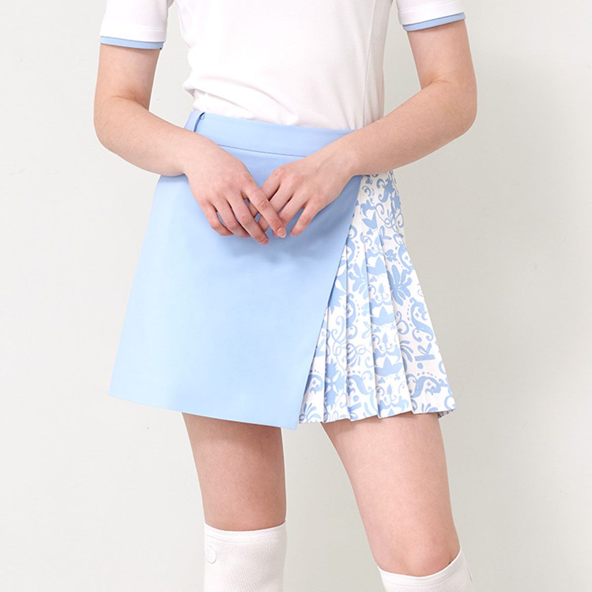 릭크(LIKK) 프린트 플리츠 믹스 스커트 (스카이블루)_L3A1-SK02C
