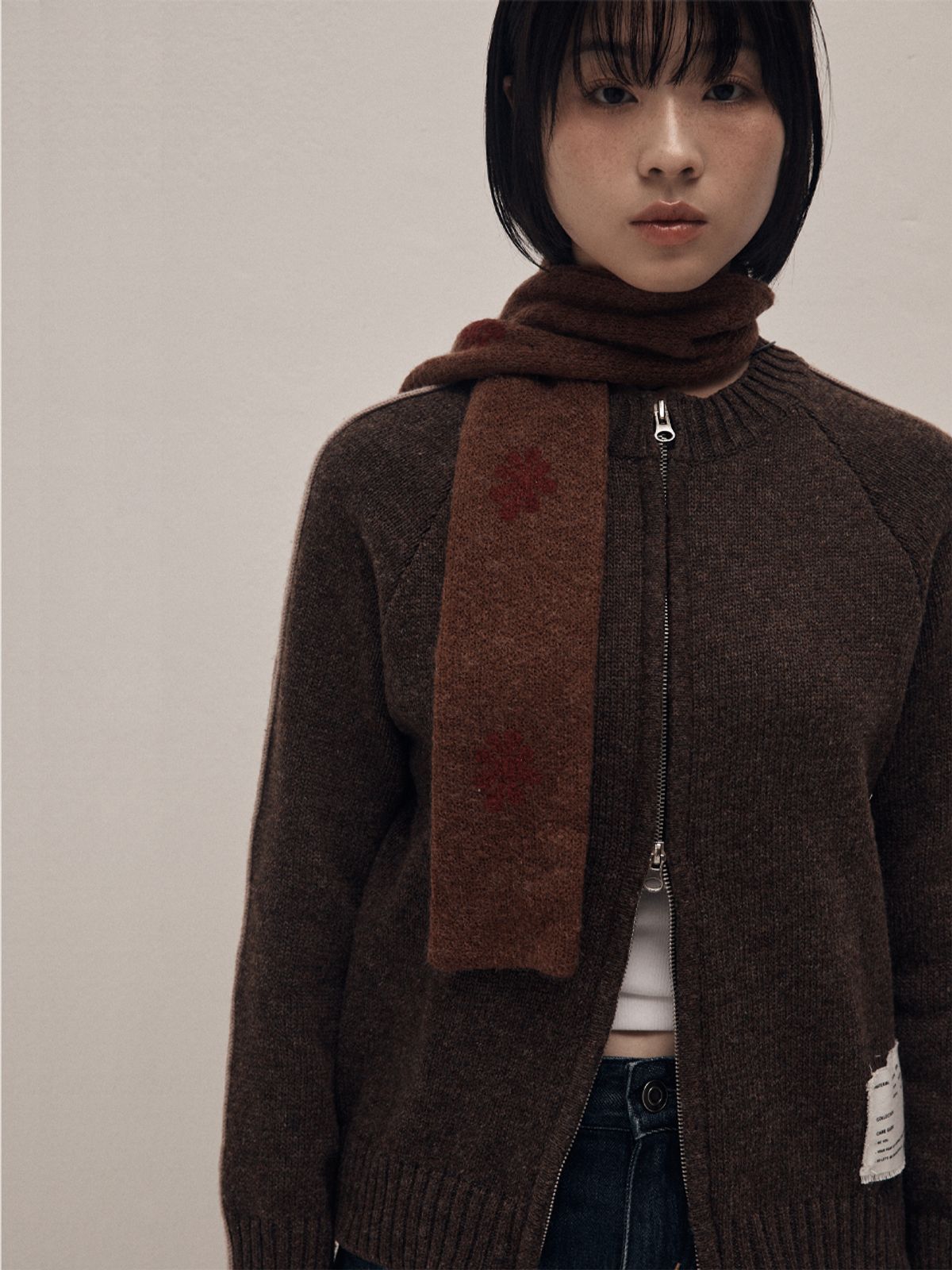 오피쉬(OAFISH) RAGLAN KNIT ZIP-UP CARDIGAN, BROWN
