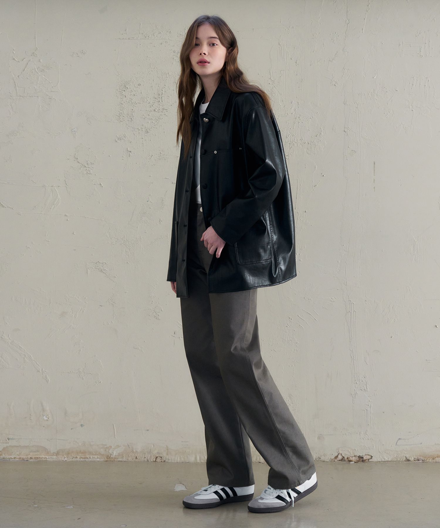 MUSINSA公式 | DRAWFIT WOMEN Button leather half jacket [BLACK]