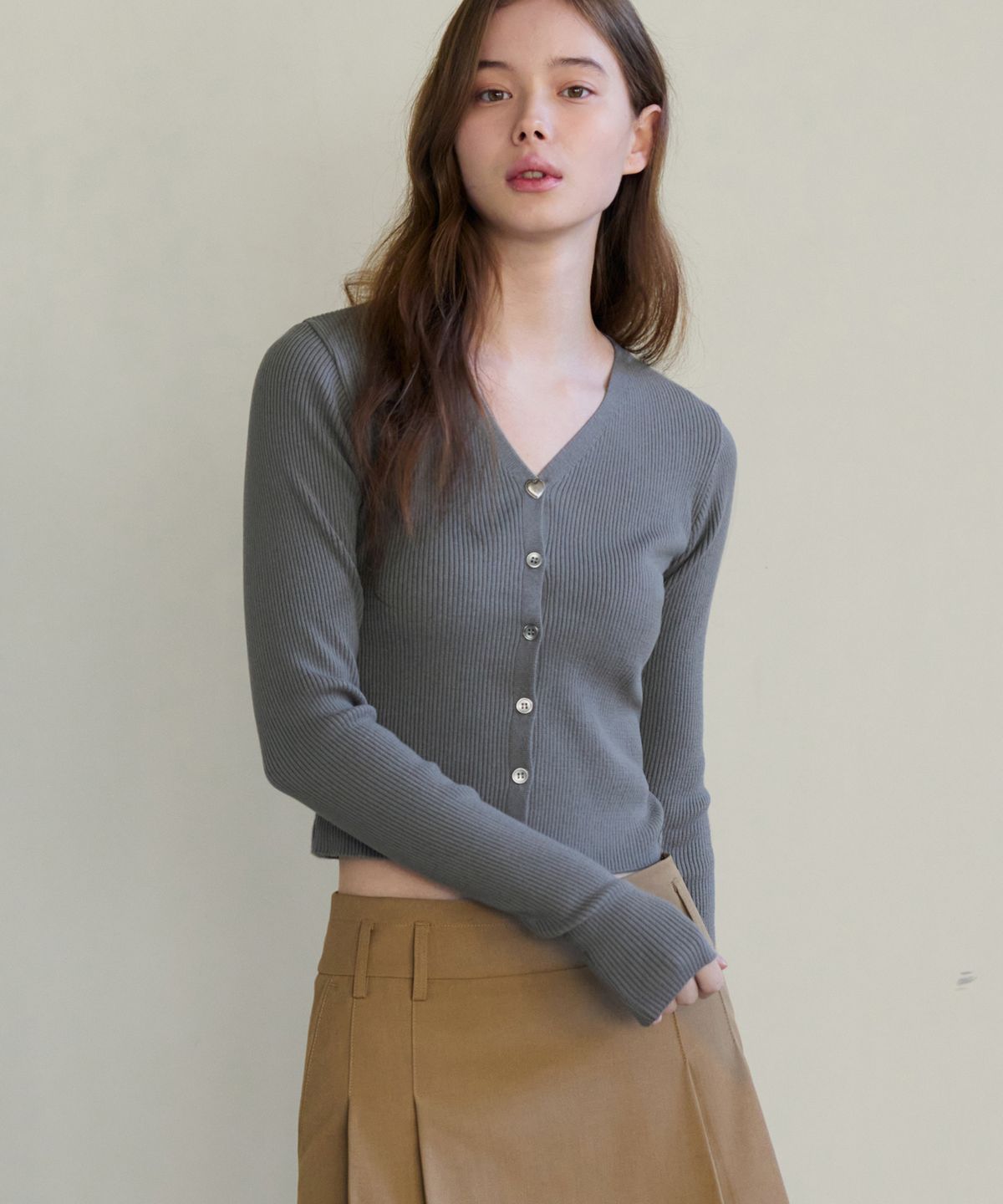 드로우핏 우먼(DRAWFIT WOMEN) 슬림 골지 니트 가디건 [GREY]