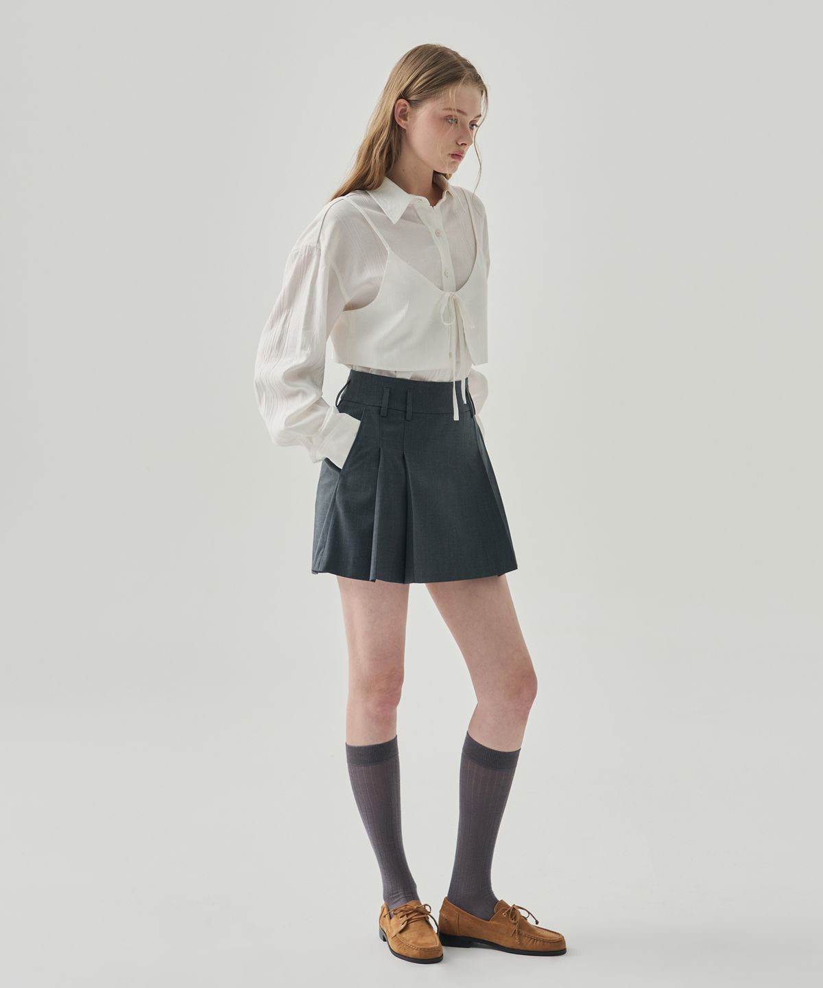 드로우핏 우먼(DRAWFIT WOMEN) 스티치 플리츠 미니 스커트 [BEIGE]