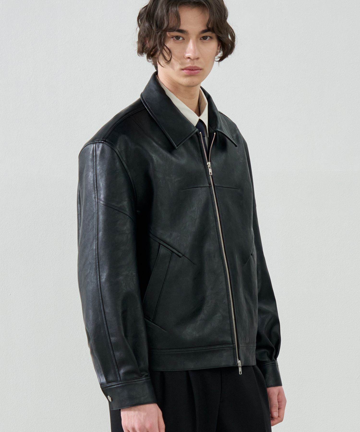★DRAW FIT★ リースト オーバーサイズ レザー ブルゾン MUSINSA | DRAW FIT Incision leather blouson jacket [BLACK]