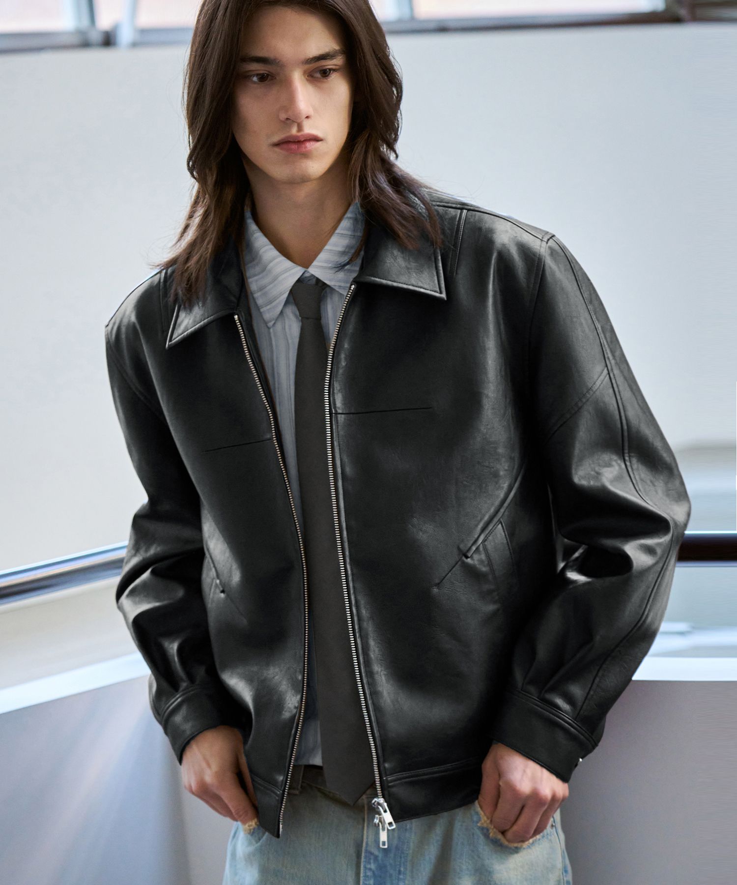 MUSINSA公式 | DRAW FIT Incision leather blouson jacket [BLACK]