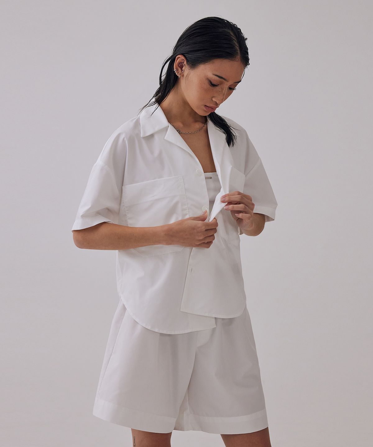 트리밍버드(TREEMINGBIRD) Banding Half Pajama Set-up Shirts [ White ]