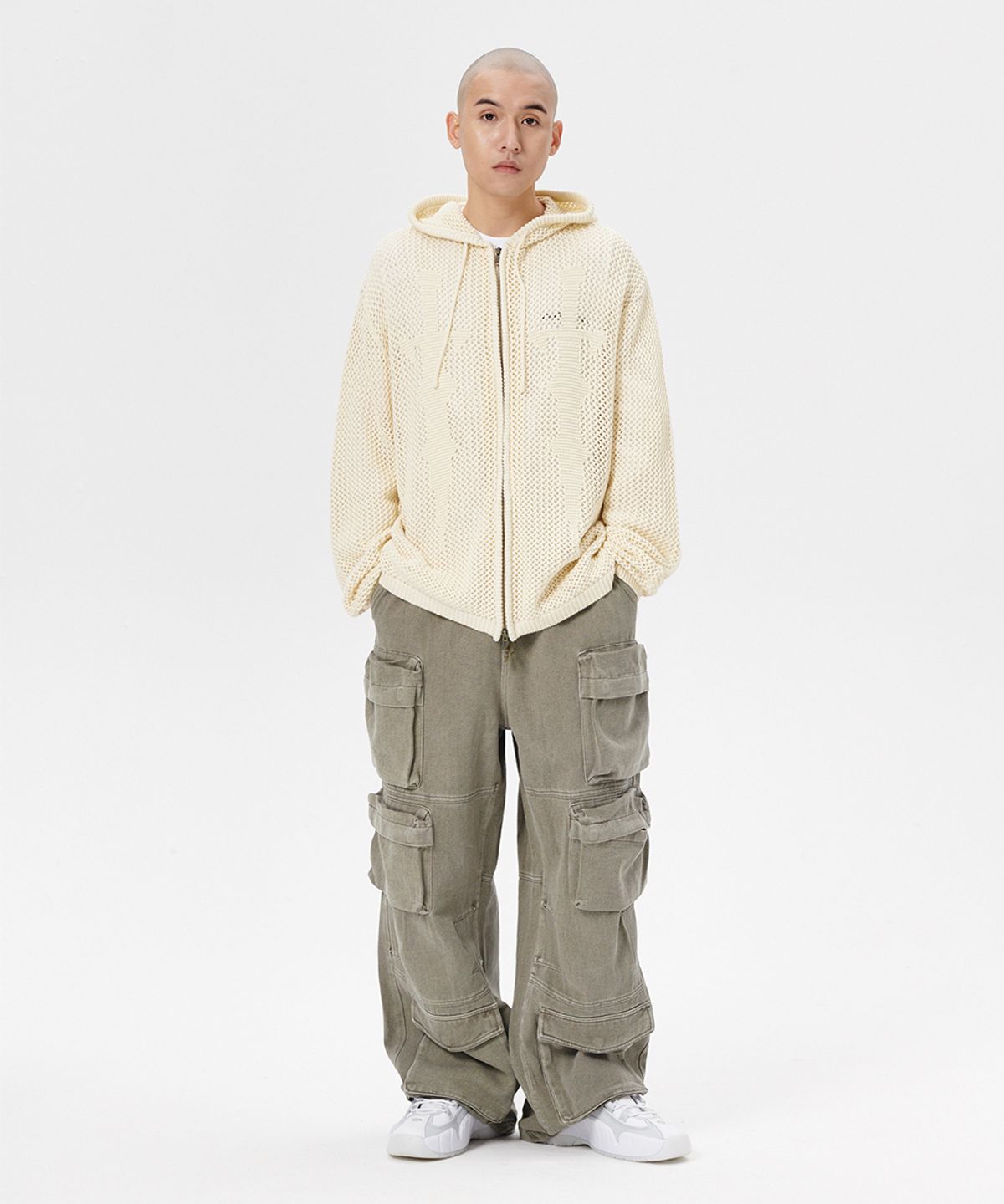 마하그리드(MAHAGRID) DAGGER MESH HOOD ZIP UP KNIT IVORY(MG2ESMK685A)