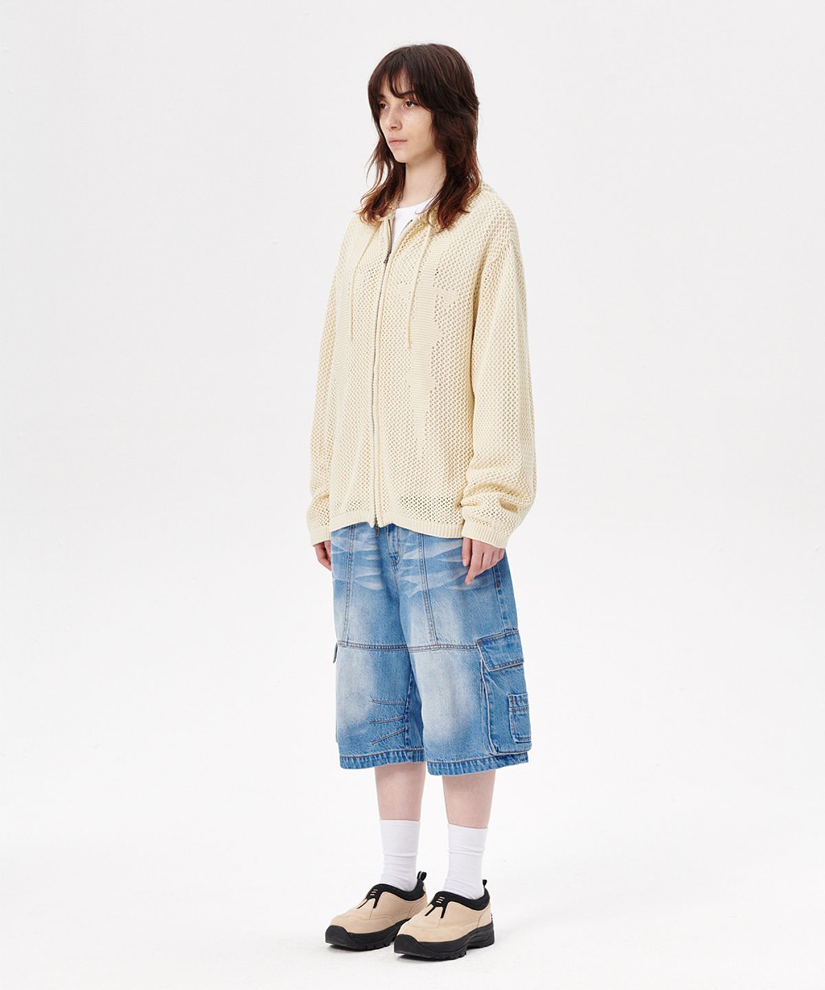 마하그리드(MAHAGRID) DAGGER MESH HOOD ZIP UP KNIT IVORY(MG2ESMK685A)