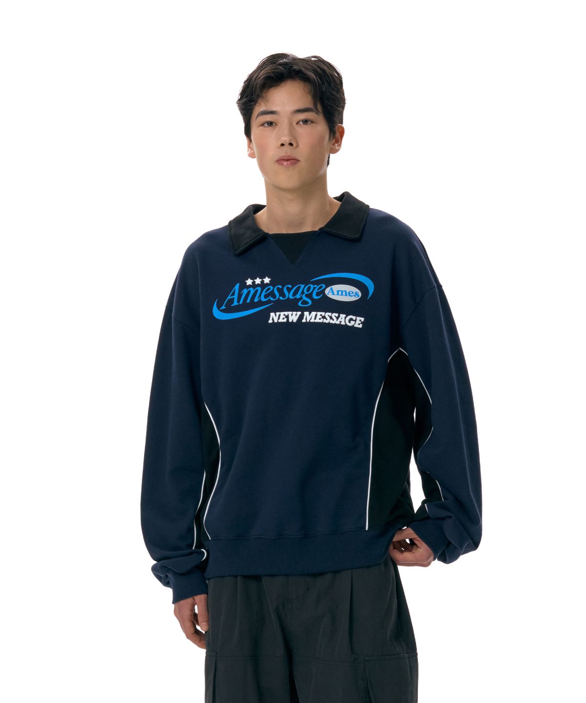 아메스 월드와이드(AMES-WORLDWIDE) NEW MESSAGE COLLAR SWEATSHIRT NAVY (AM2ESUM442A)