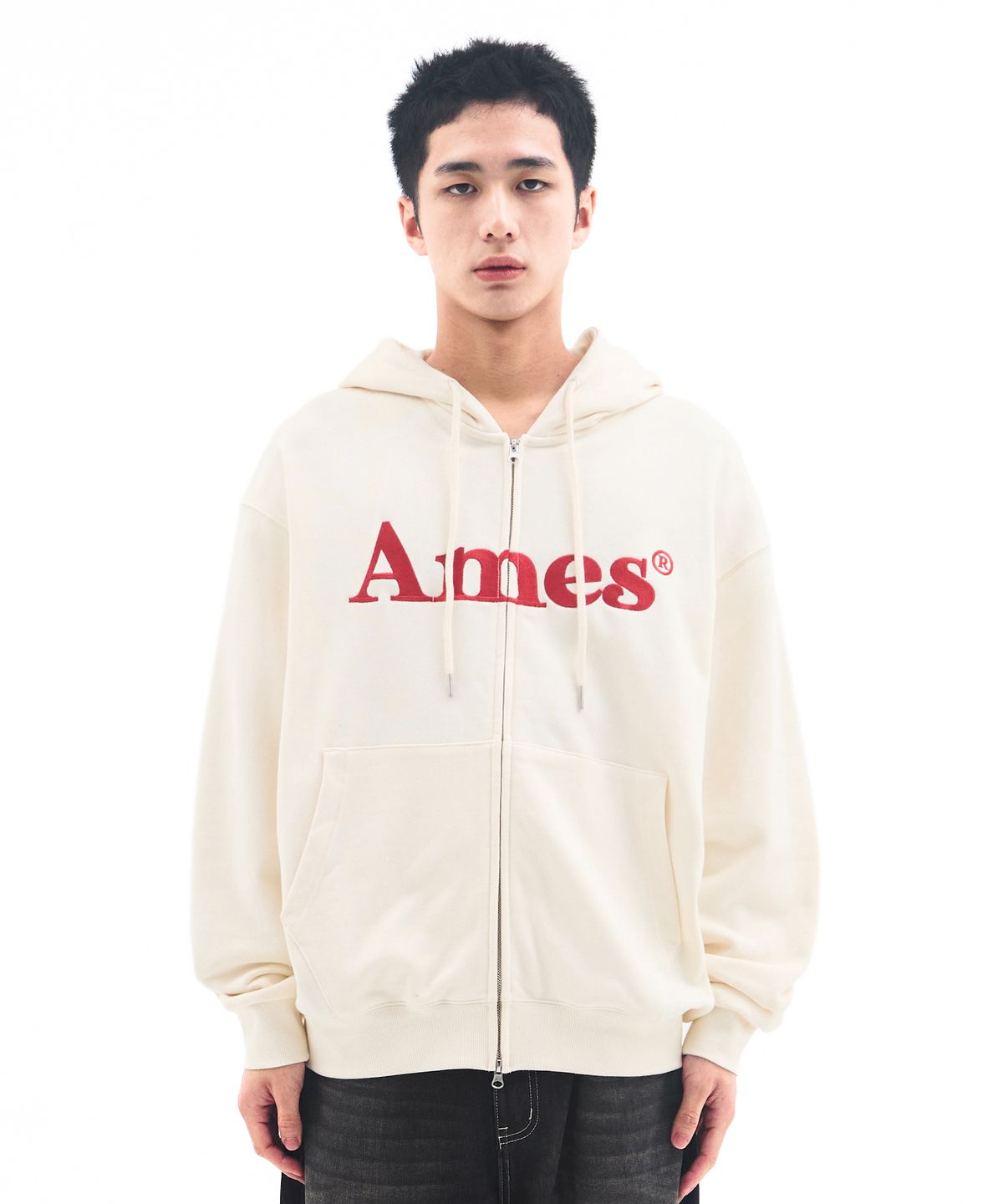 아메스 월드와이드(AMES-WORLDWIDE) BASIC LOGO HOODIE ZIP UP CREAM