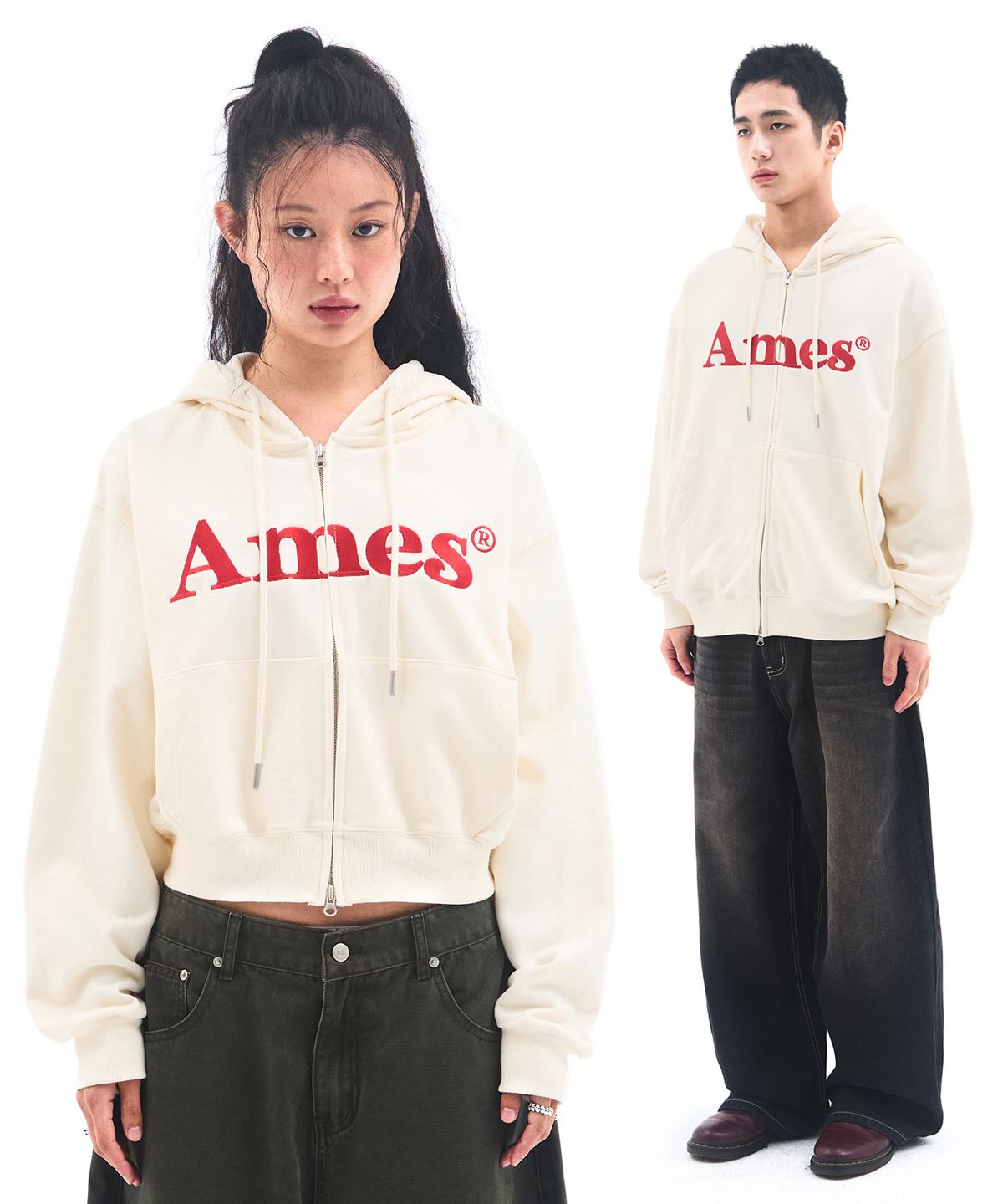 아메스 월드와이드(AMES-WORLDWIDE) BASIC LOGO HOODIE ZIP UP CREAM