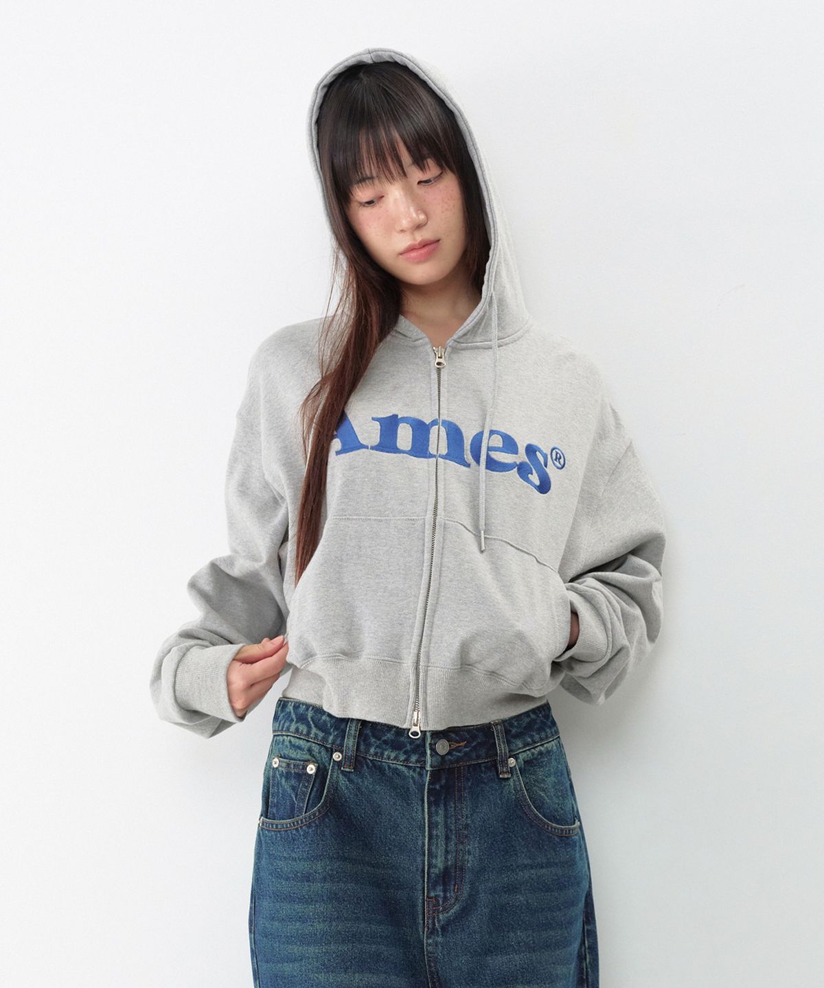 아메스 월드와이드(AMES-WORLDWIDE) BASIC LOGO HOODIE ZIP UP GREY