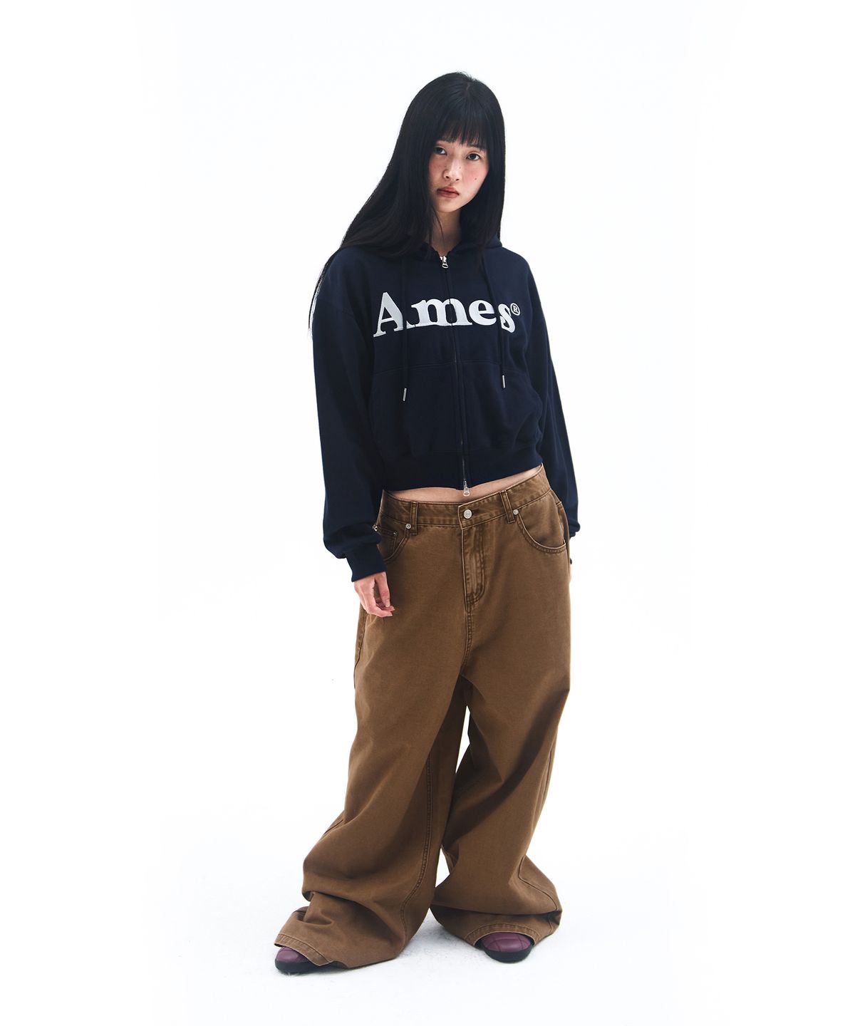 아메스 월드와이드(AMES-WORLDWIDE) BASIC LOGO HOODIE ZIP UP NAVY