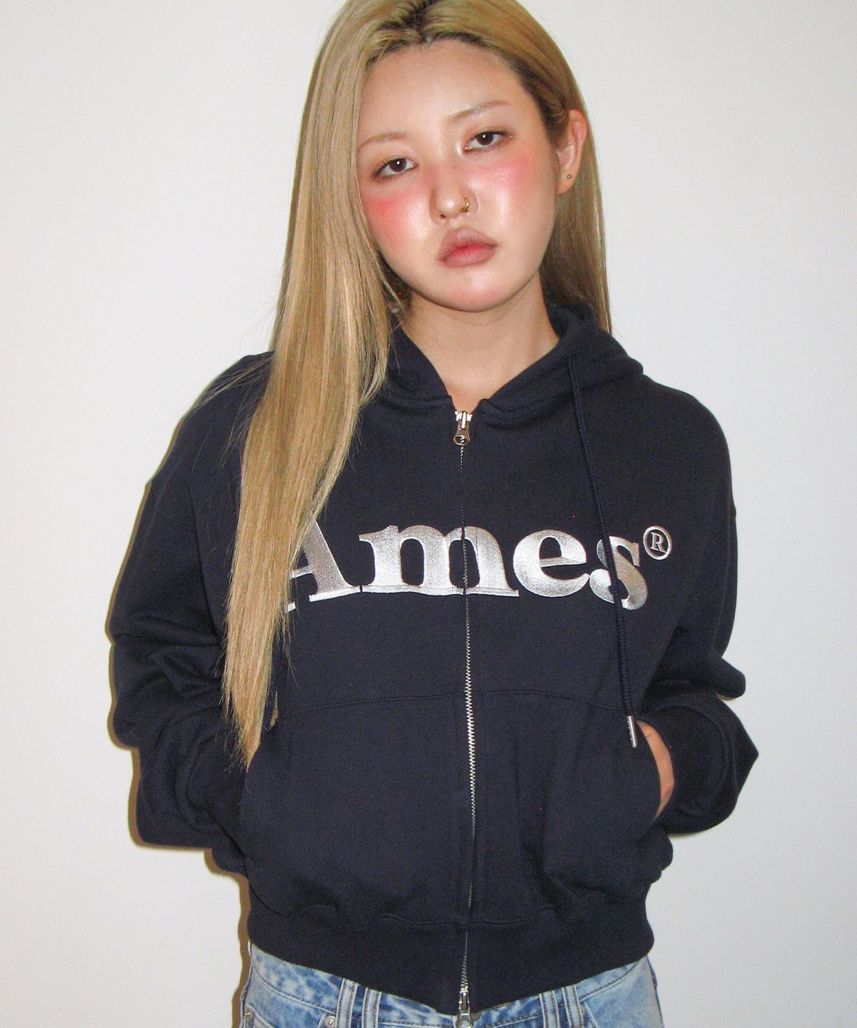 아메스 월드와이드(AMES-WORLDWIDE) BASIC LOGO HOODIE ZIP UP NAVY