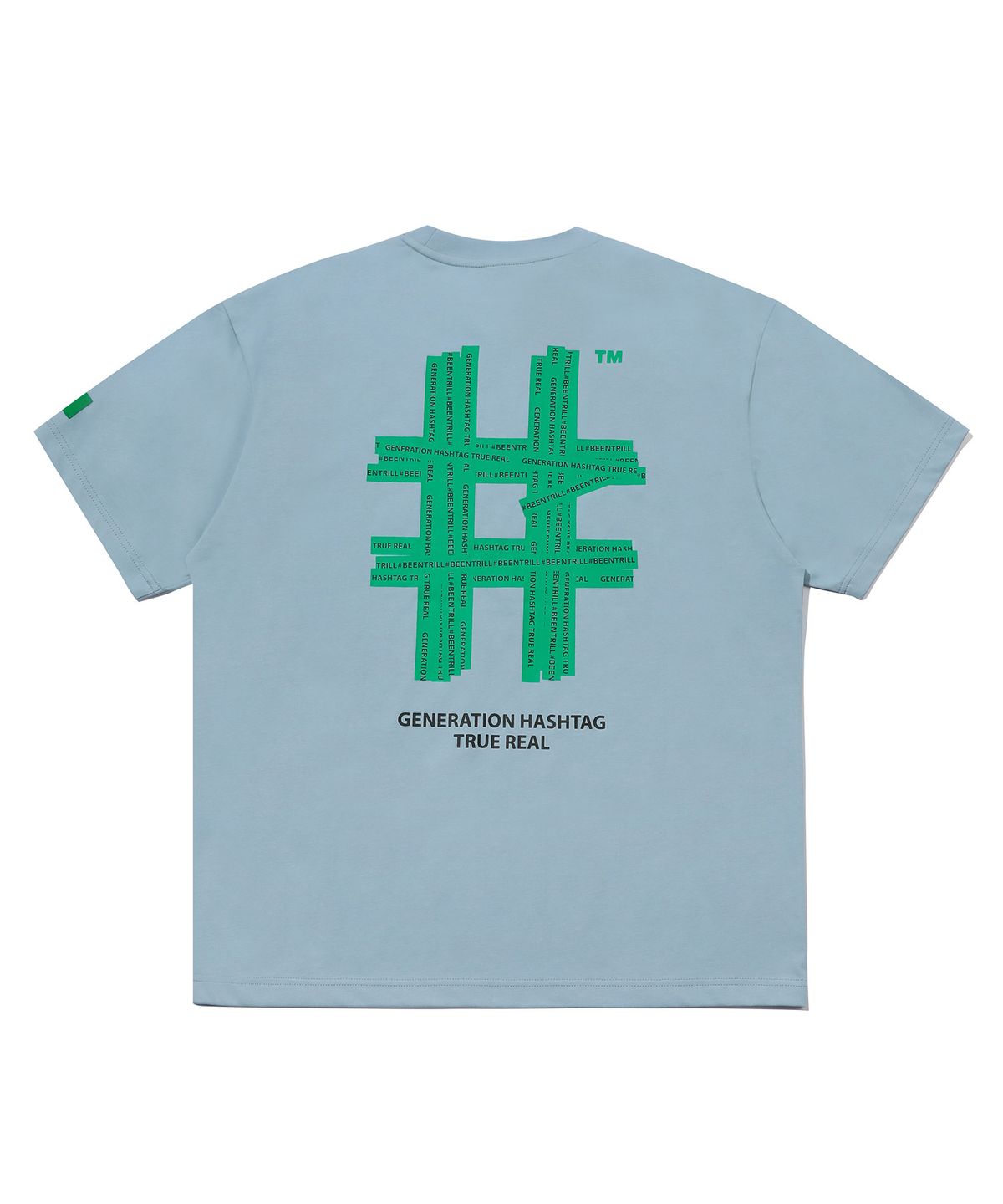 빈트릴(BEENTRILL) 그린 테이핑 해시태그 오버핏 반팔 티셔츠(라이트 블루)