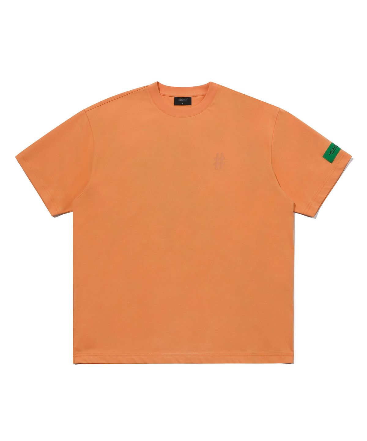 빈트릴(BEENTRILL) 그린 테이핑 해시태그 오버핏 반팔 티셔츠(오렌지)