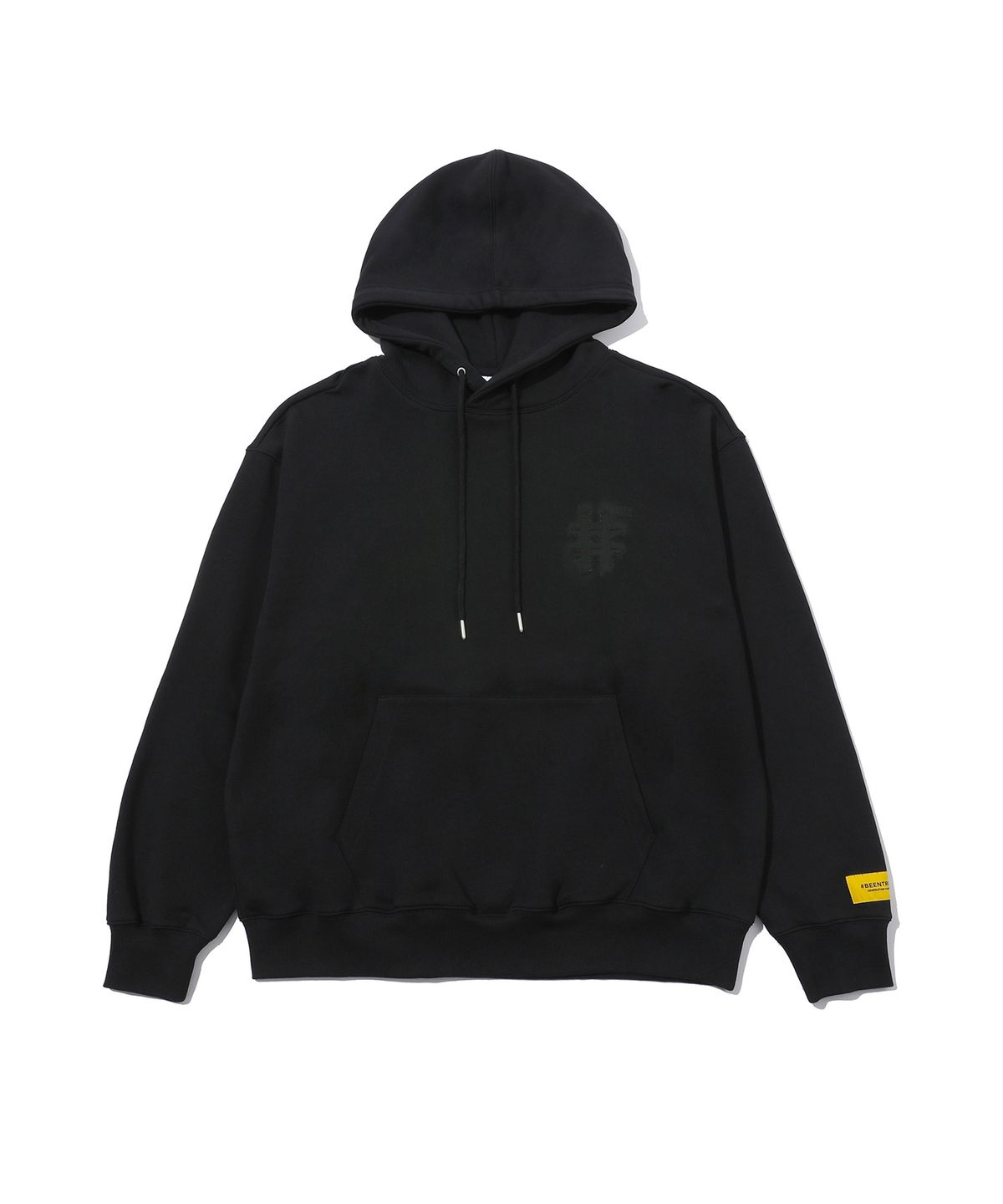 빈트릴(BEENTRILL) 블러 스티치 해시태그 오버핏 후드티(블랙)