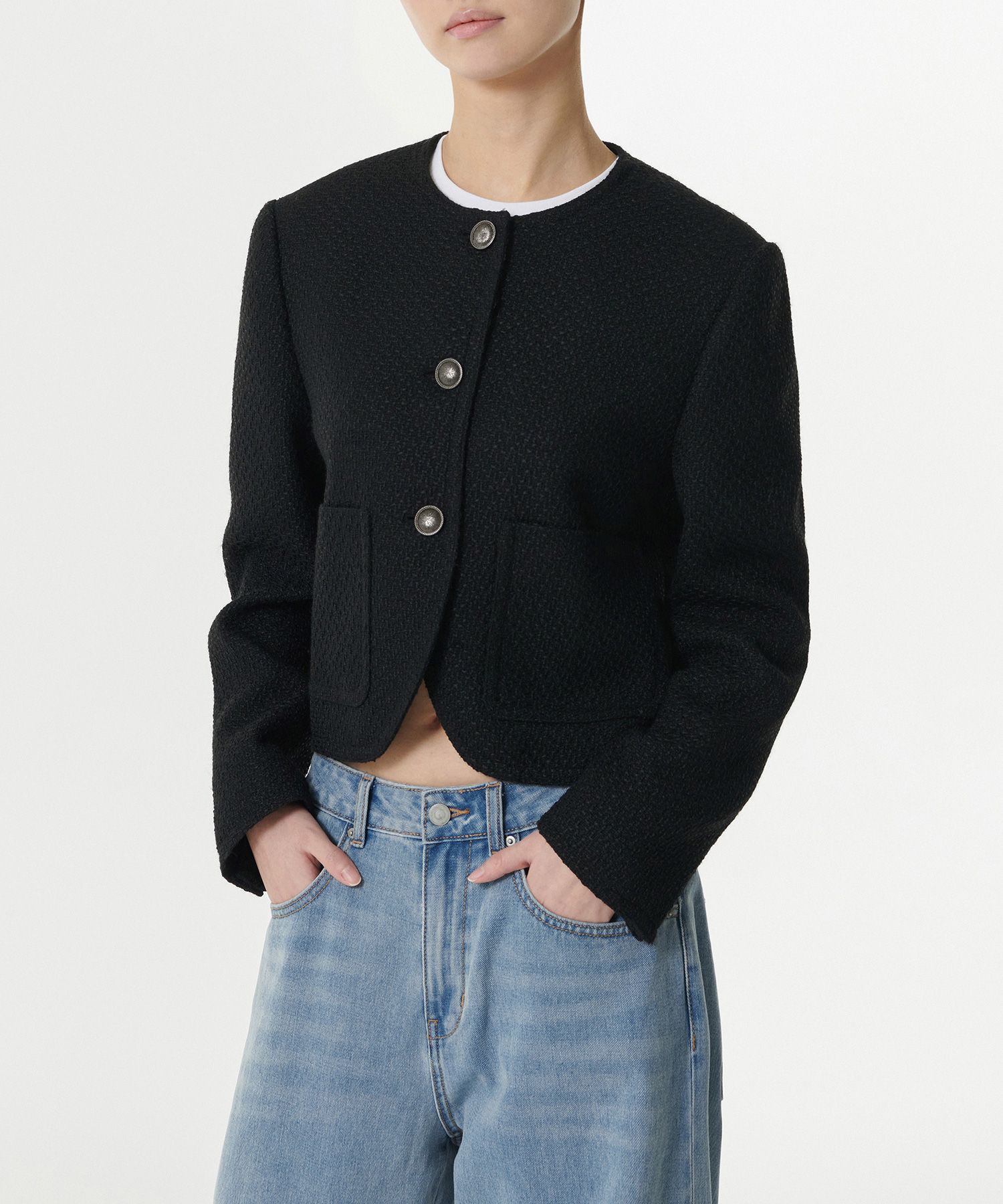 MUSINSA | MUSINSA STANDARD ROUND NECK TWEED JACKET [BLACK]