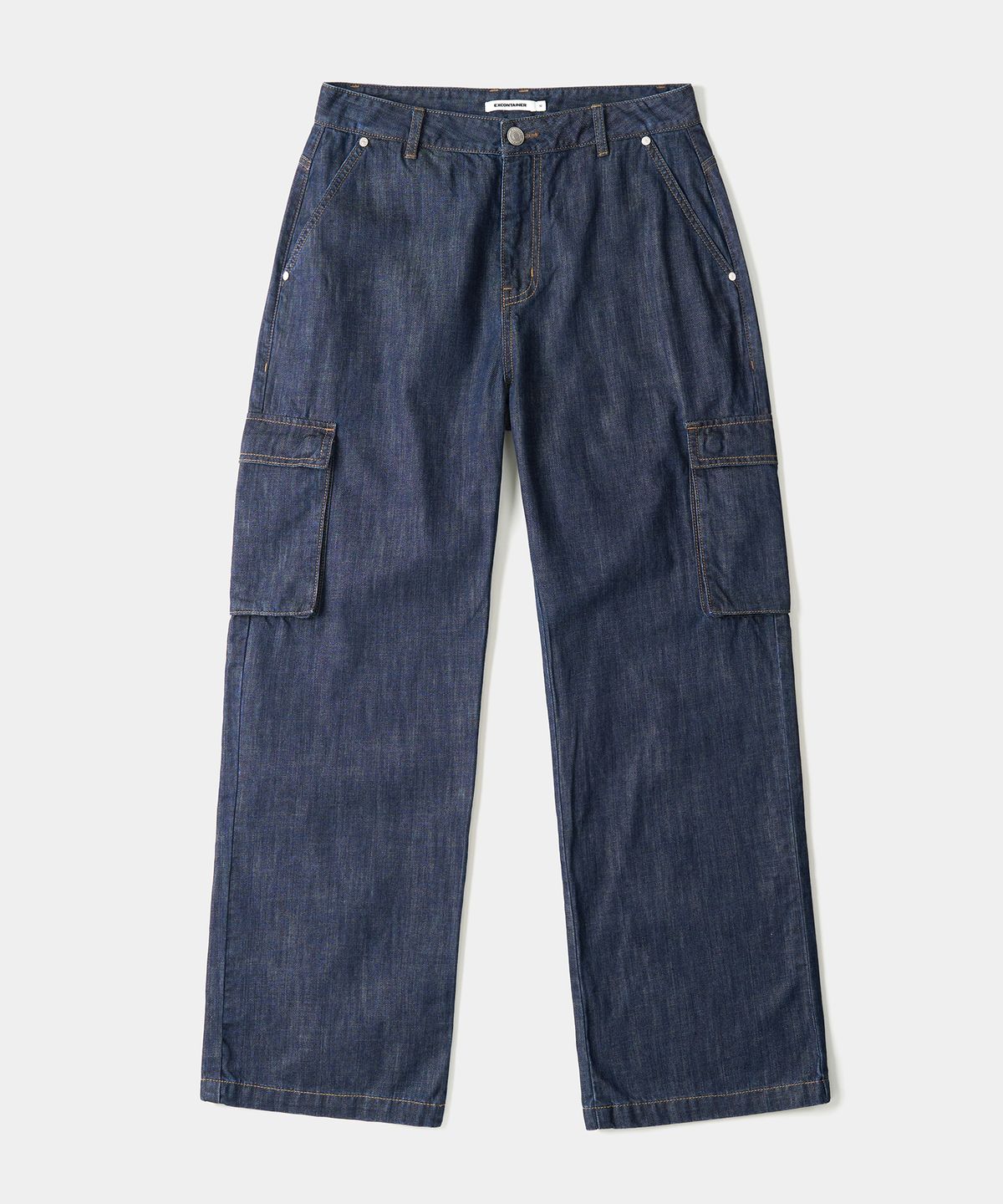 엑스컨테이너(EXCONTAINER) 린넨 라이크 와이드 카고 데님 팬츠 (MEDIUM INDIGO)