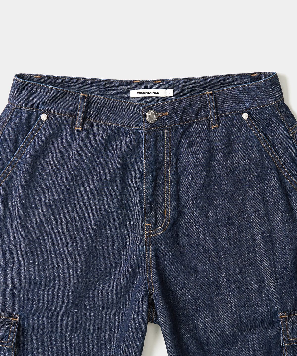 엑스컨테이너(EXCONTAINER) 린넨 라이크 와이드 카고 데님 팬츠 (MEDIUM INDIGO)