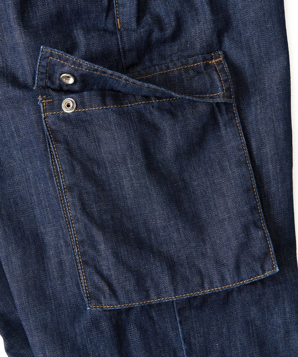 엑스컨테이너(EXCONTAINER) 린넨 라이크 와이드 카고 데님 팬츠 (MEDIUM INDIGO)