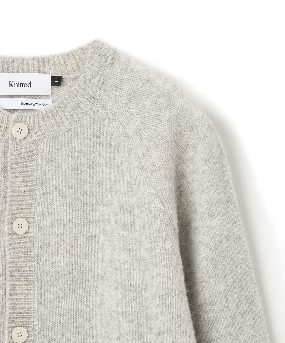 니티드(KNITTED) 쉐기독 울 100 라운드 가디건 MELANGE GREY